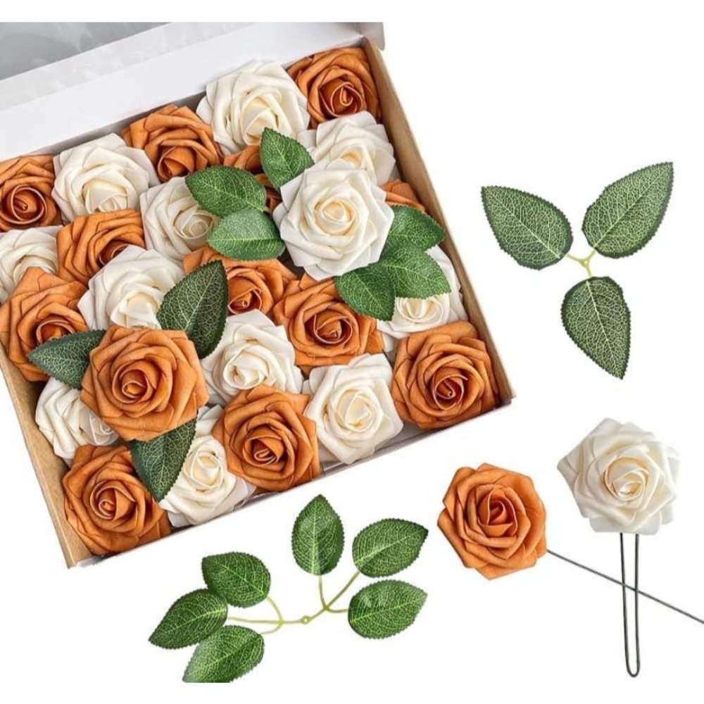 25 Count | Burnt Orange& Champagne Artificial Flowers Wedding Bouquet